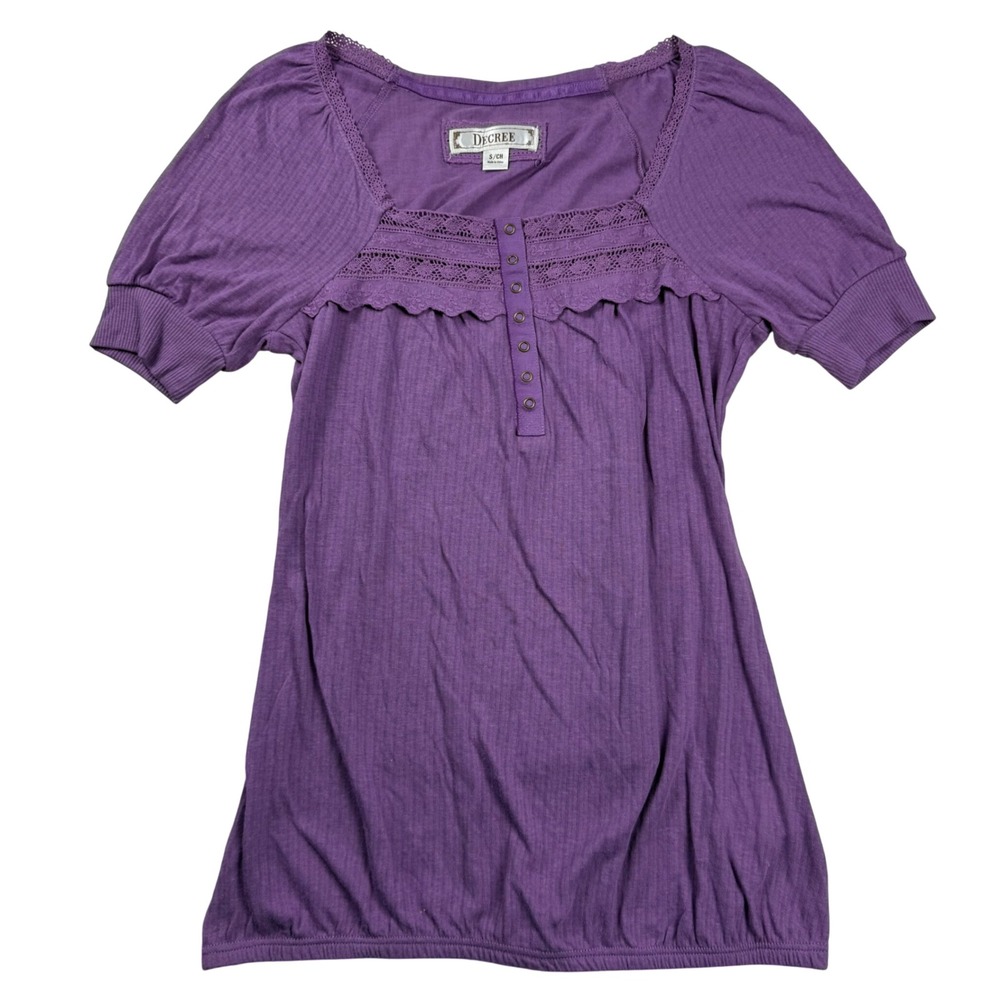 VTG Y2K Decree Purple Crochet Lace Henley Babydoll Top Puff Sleeve Bubble Hem S